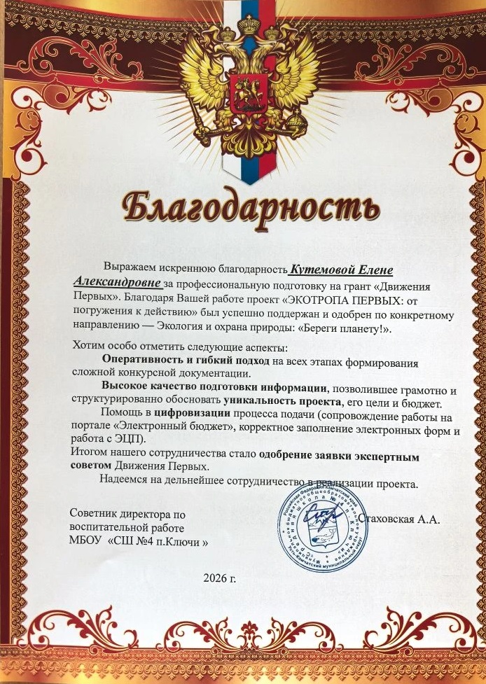 Благодарность за подготовку гранта Движения Первых